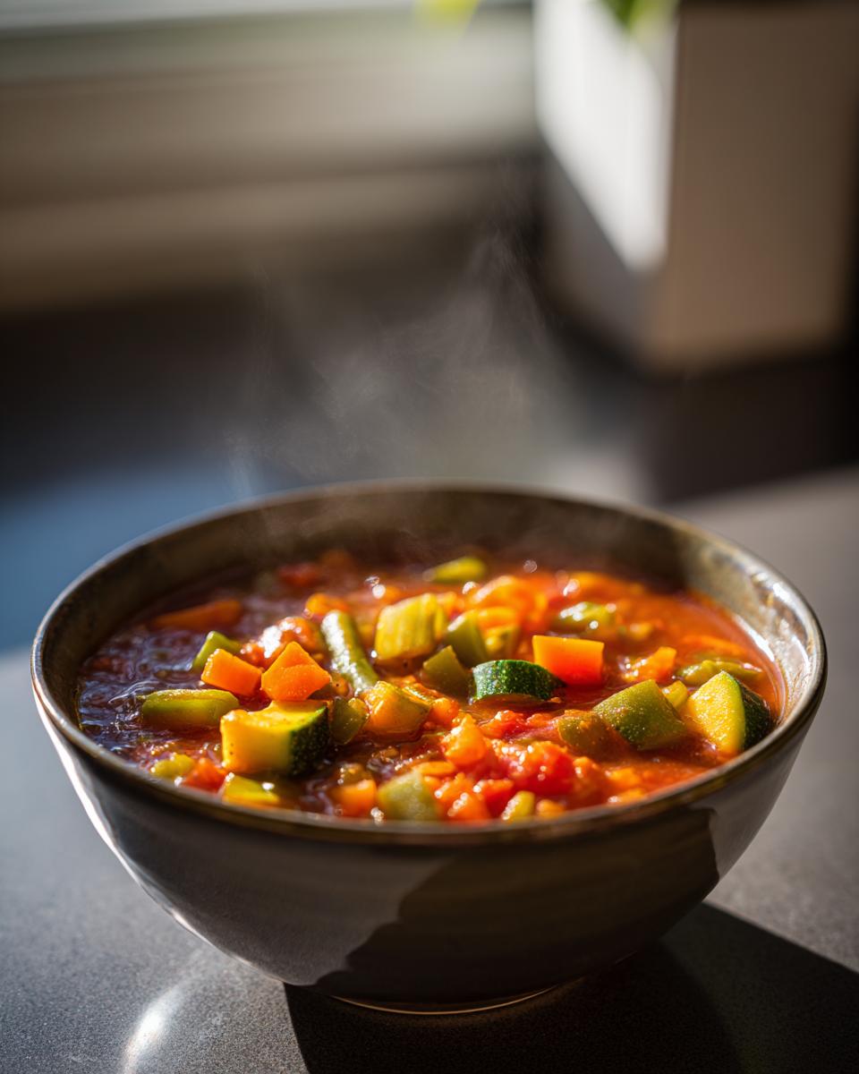 A bowl of steaming chunky vegetable detox soup with vibrant vegetables in tomato broth.