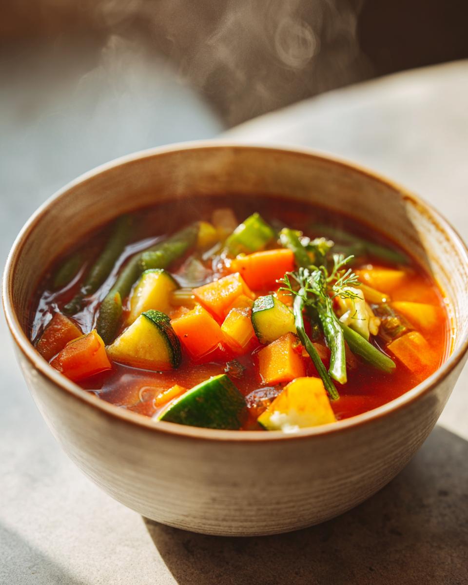 Steaming bowl of chunky vegetable detox soup recipe with vibrant zucchini, carrots, and green beans.