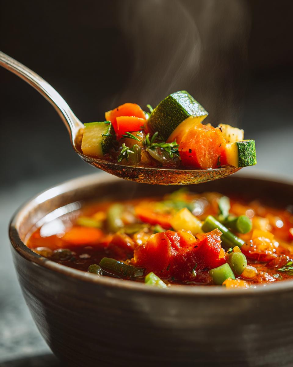 Close-up of a spoonful of chunky vegetable detox soup with zucchini, carrots, and tomatoes