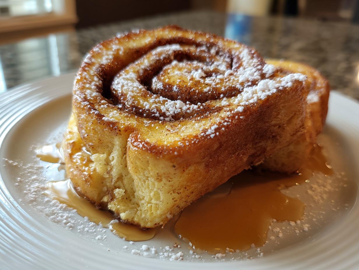 Cinnamon swirl french toast topped with powdered sugar and syrup on white plate