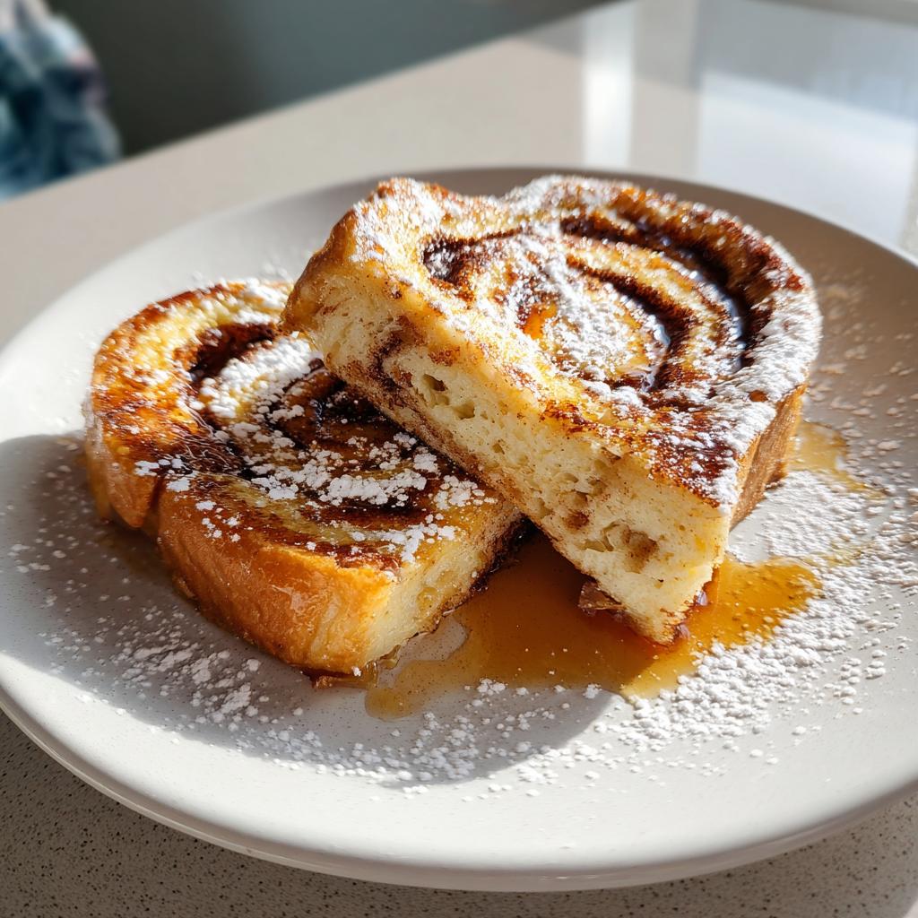 Two slices of cinnamon swirl french toast topped with powdered sugar and syrup on a white plate.