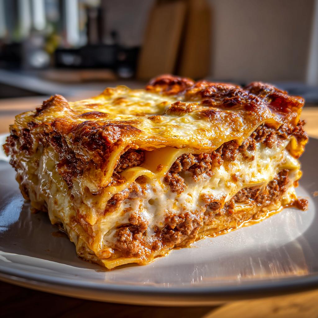 Close-up of a slice of classic beef lasagna with ricotta cheese on a white plate.
