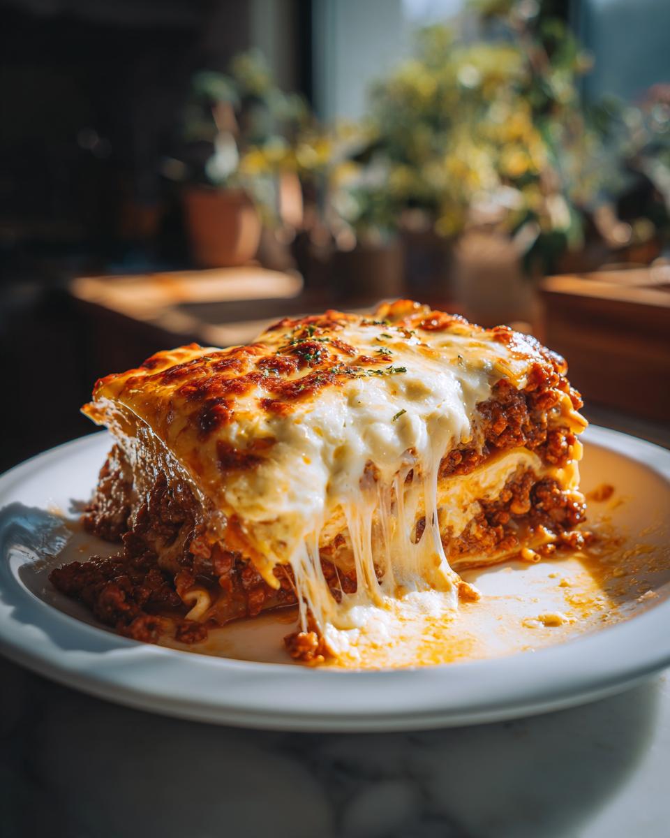 Close-up of a slice of classic beef lasagna with ricotta cheese and melted cheese on a white plate
