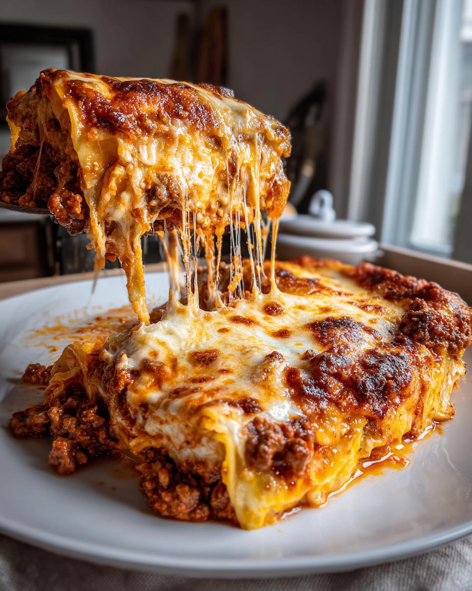 Close-up of classic beef lasagna with ricotta cheese showing melted cheese pull.