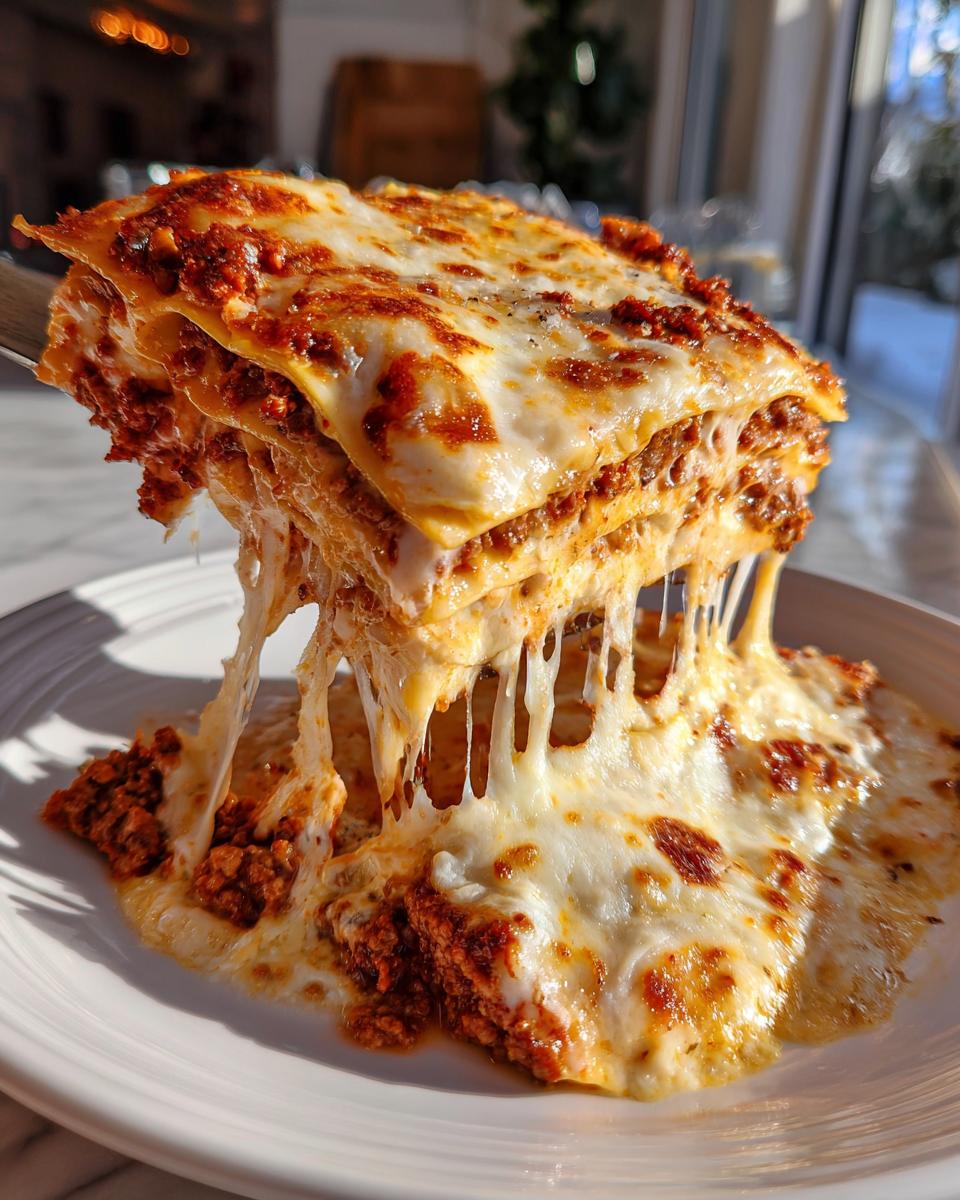 Close-up of a slice of classic beef lasagna with ricotta cheese, showing melted cheese and beef layers.