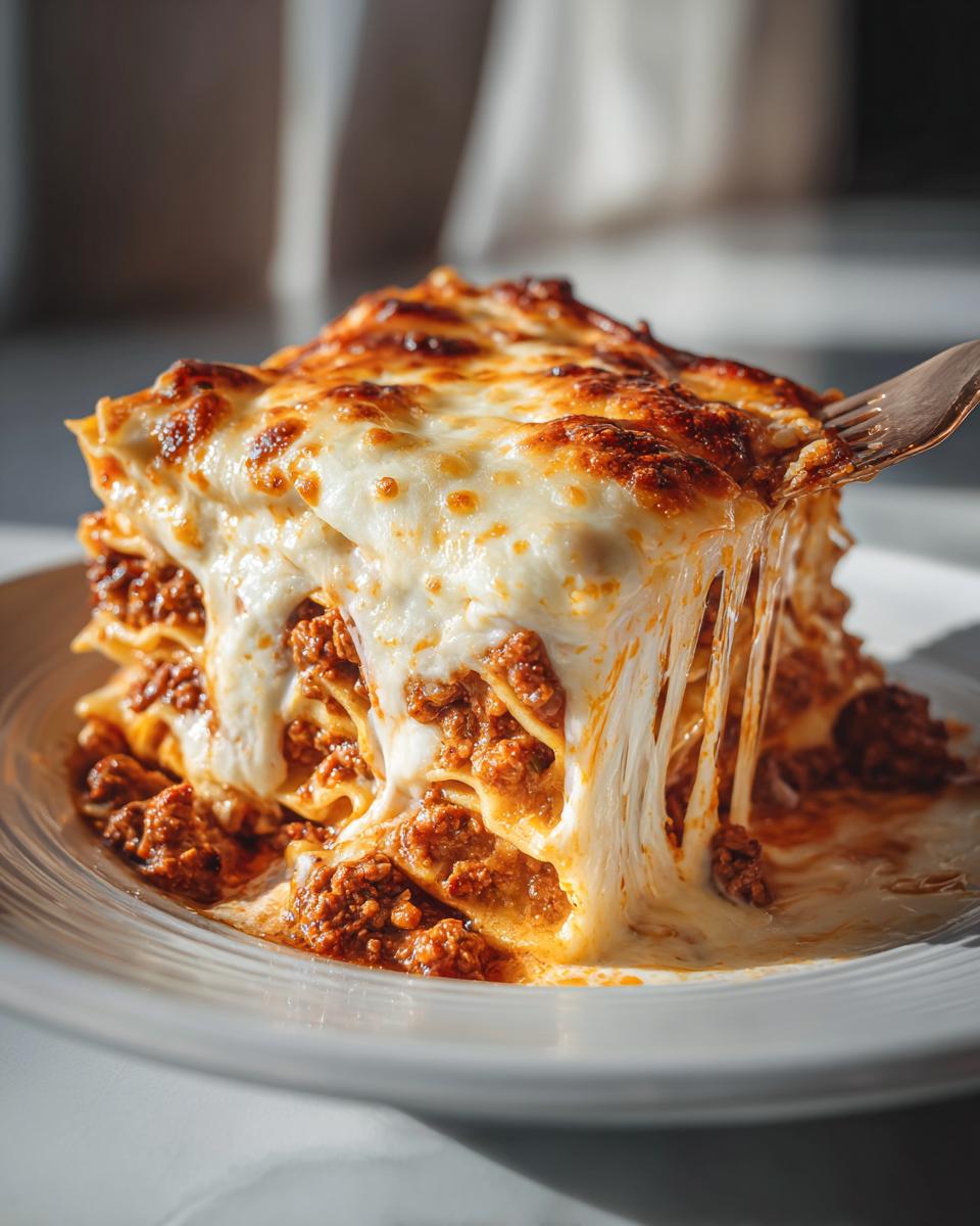 Close-up of a slice of classic beef lasagna with ricotta cheese melting and a fork pulling it.