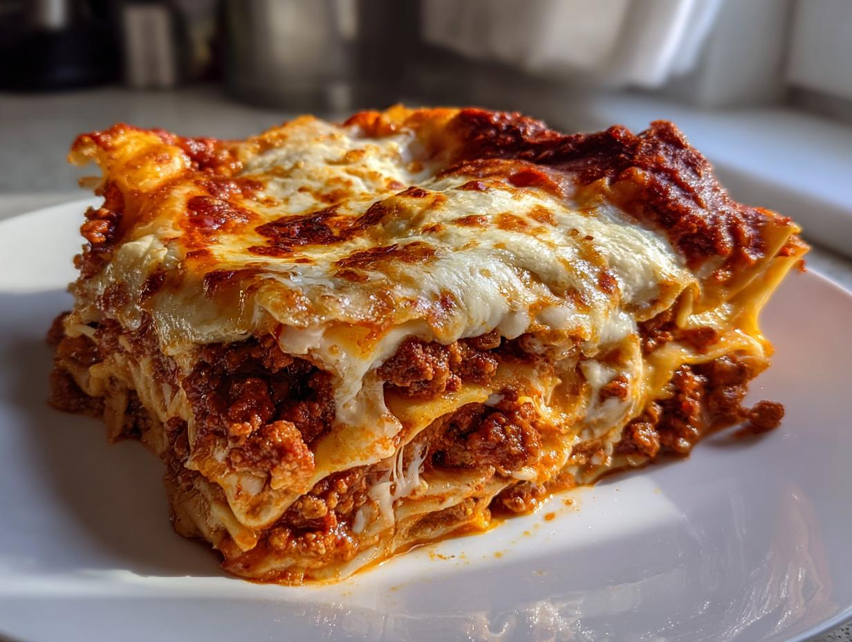 Close-up of a slice of classic beef lasagna with ricotta cheese on a white plate