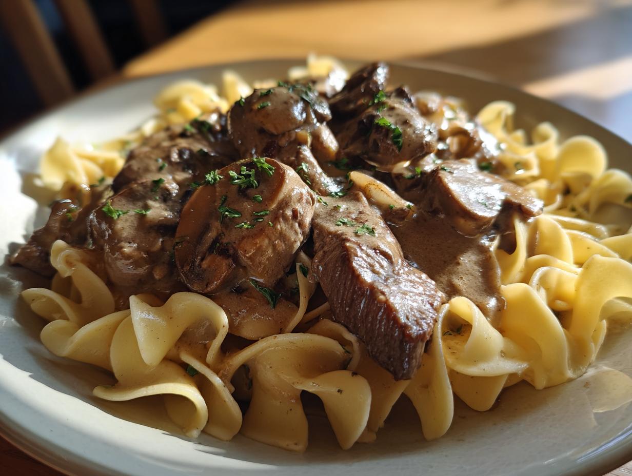 Close-up of beef stroganoff with mushrooms over egg noodles on a plate