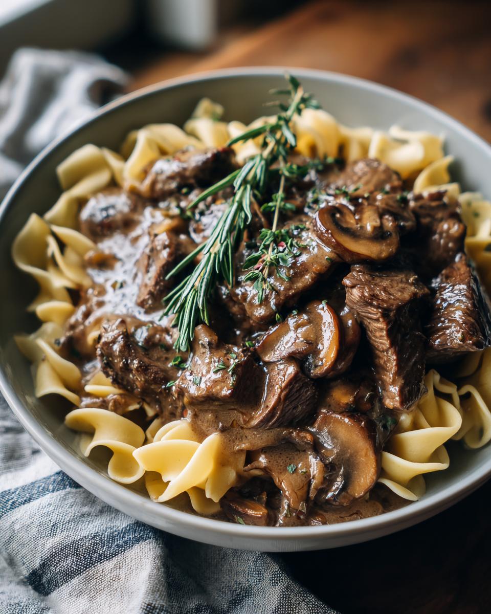 Bowl of beef stroganoff with tender beef, mushrooms, creamy sauce, and egg noodles garnished with rosemary.