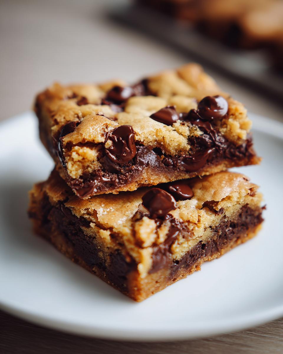 Two stacked classic chocolate chip cookie bars dessert pieces with gooey chocolate chips on a white plate.