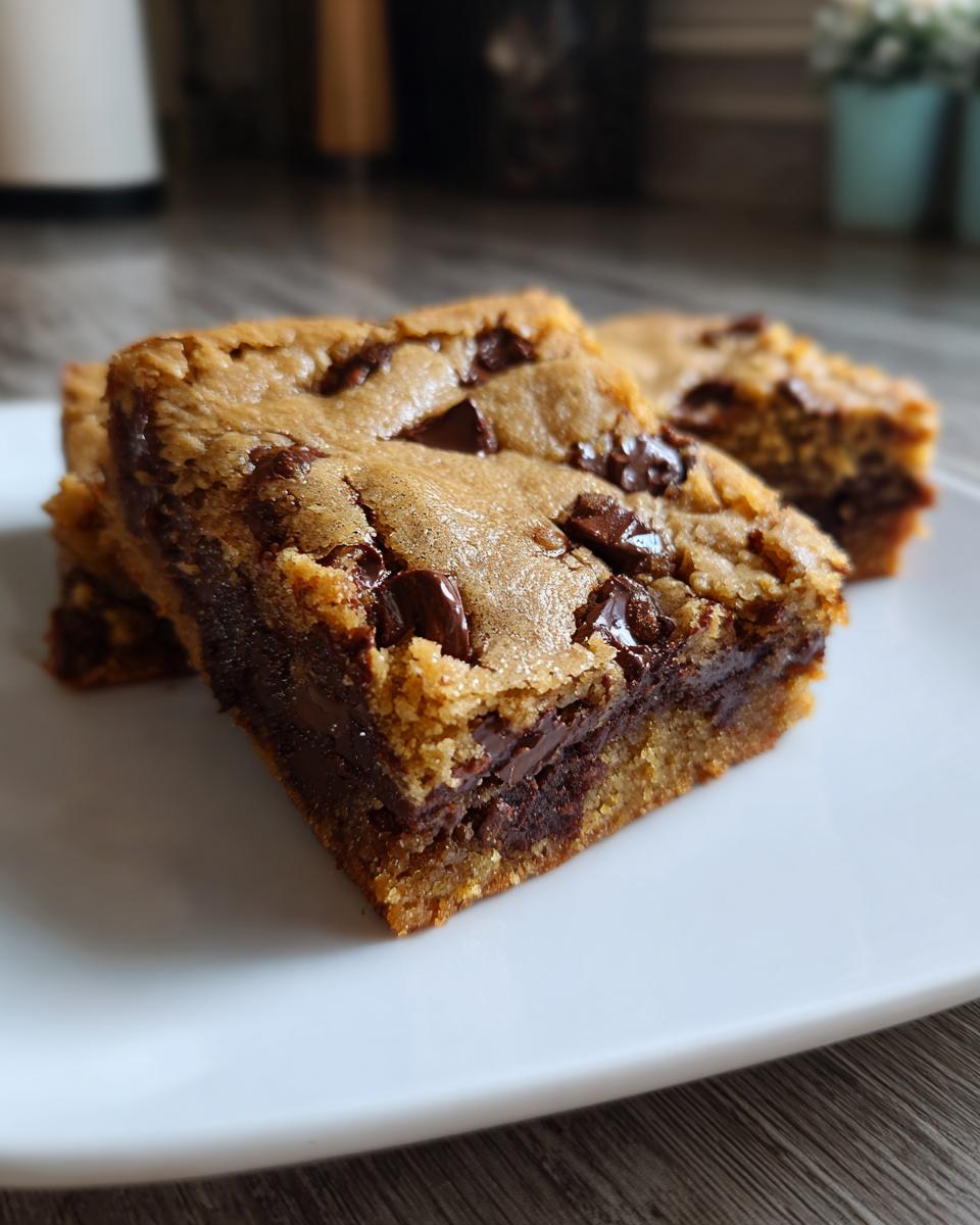 Close-up of classic chocolate chip cookie bars dessert with melted chocolate chunks on a white plate.