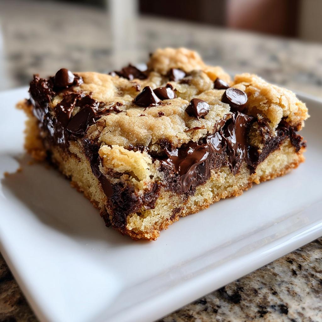 Close-up of a gooey classic chocolate chip cookie bars dessert slice with melted chocolate chips.