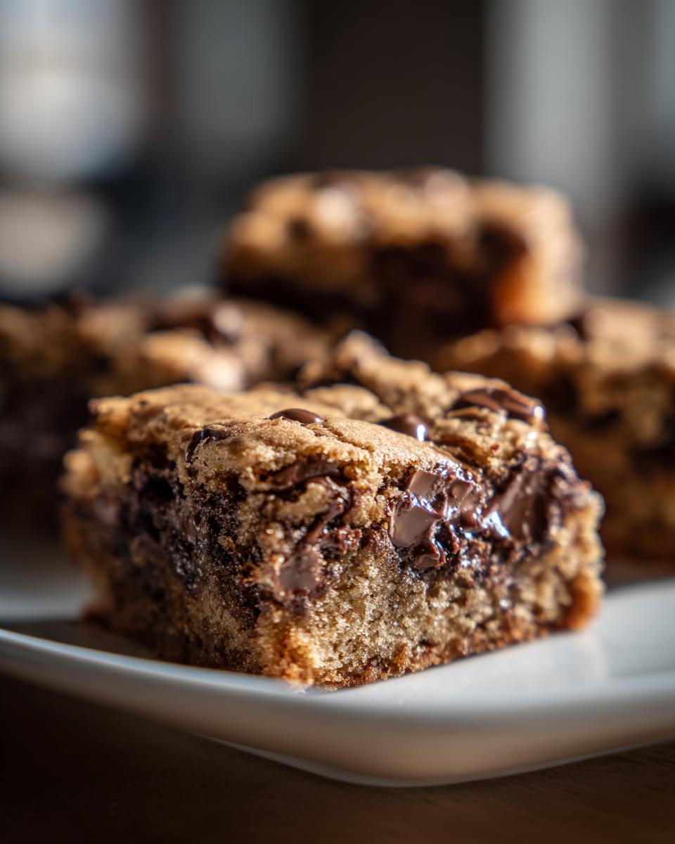 Close-up of a chunky classic chocolate chip cookie bars dessert piece with melted chocolate chips