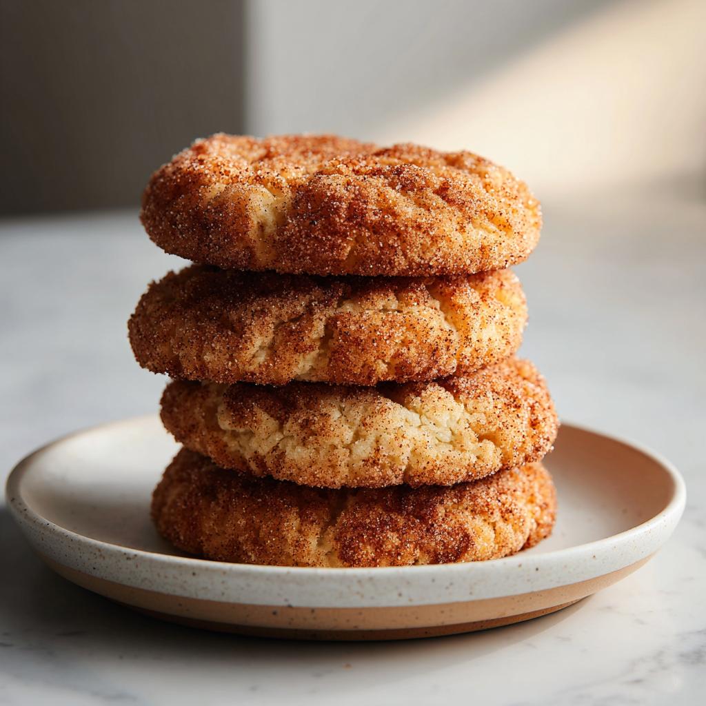 Stack of four classic cinnamon sugar snickerdoodle cookies on a white plate.