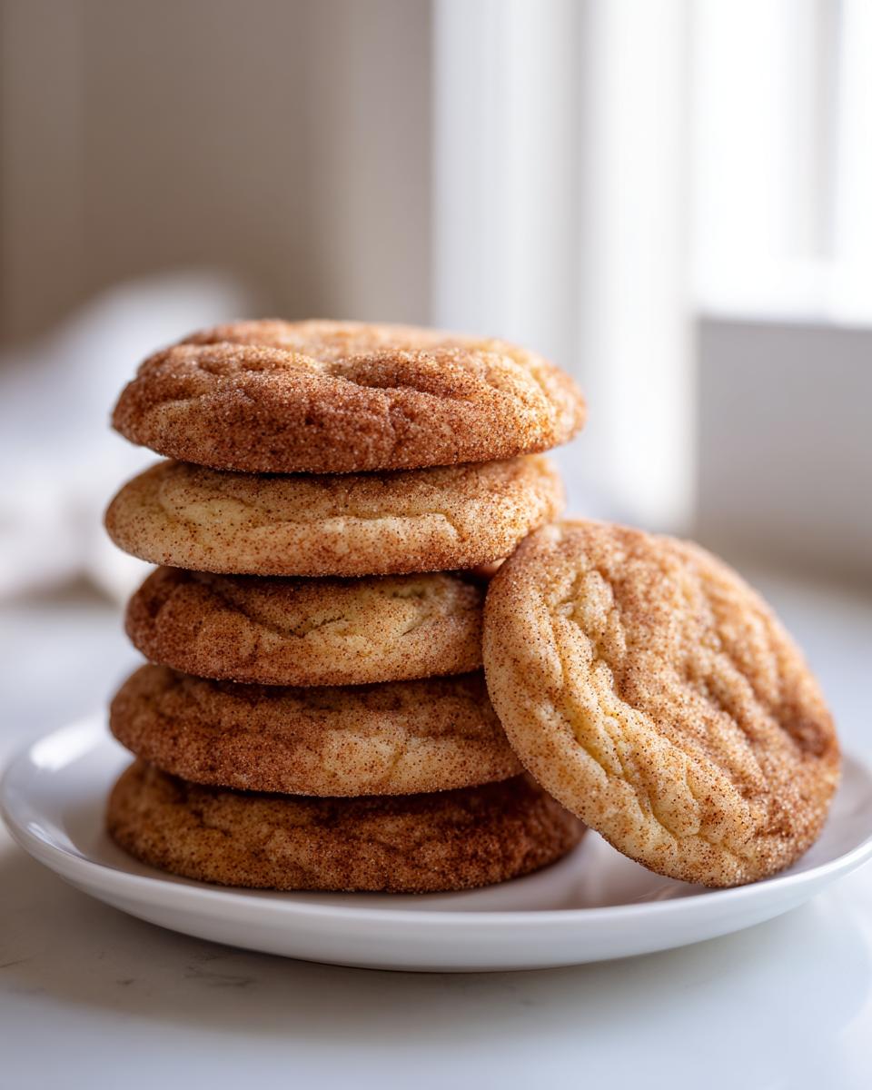 Close-up of a stack of classic cinnamon sugar snickerdoodle cookies on a white plate near a window.