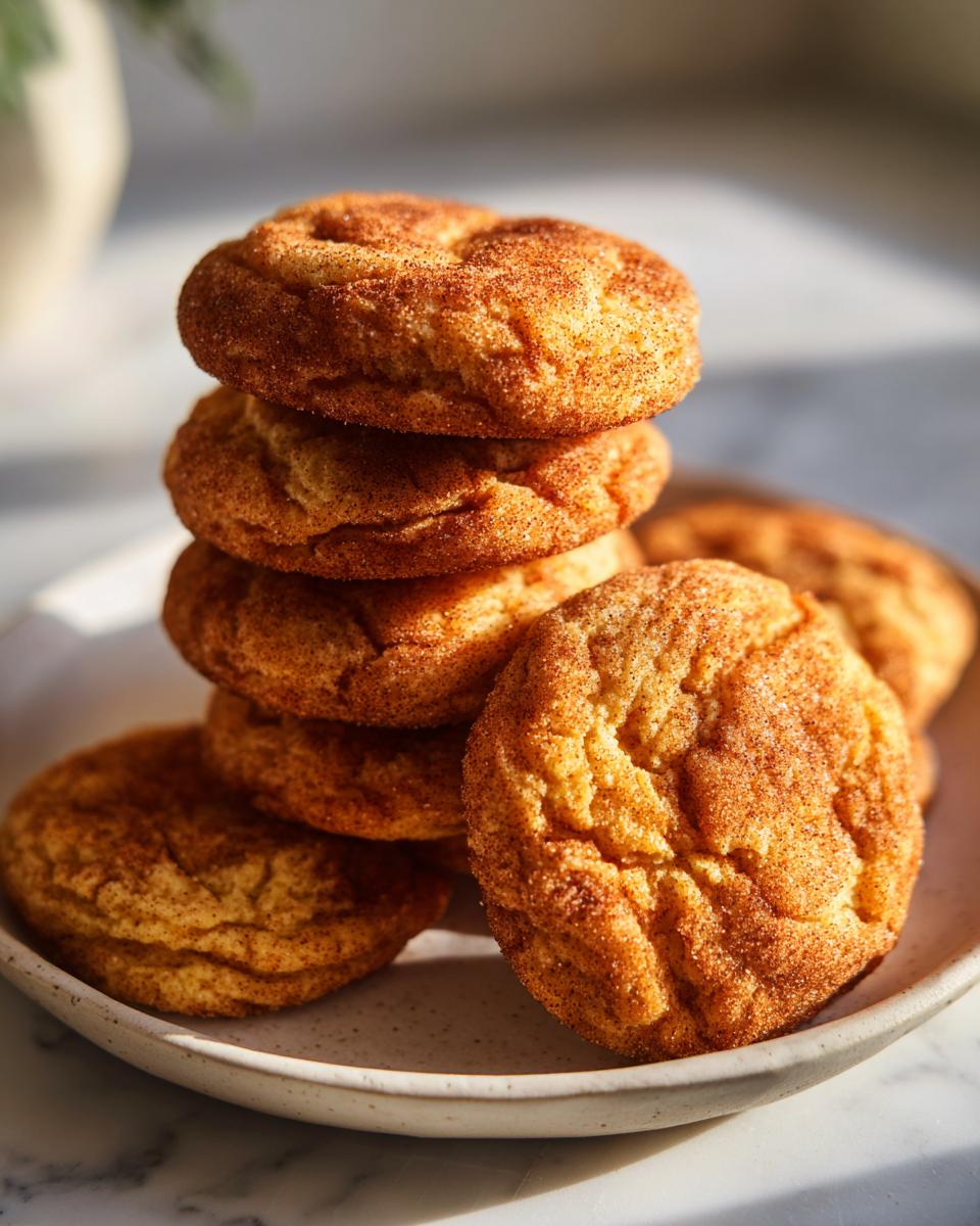 Stacked classic cinnamon sugar snickerdoodle cookies on a white plate with sunlight highlighting their texture