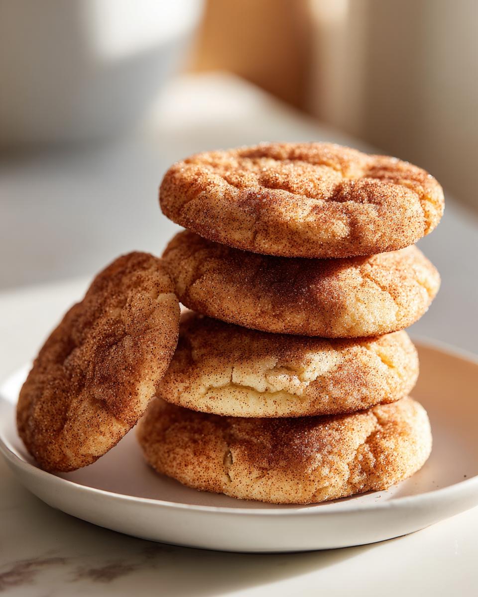 Stack of classic cinnamon sugar snickerdoodle cookies on a white plate