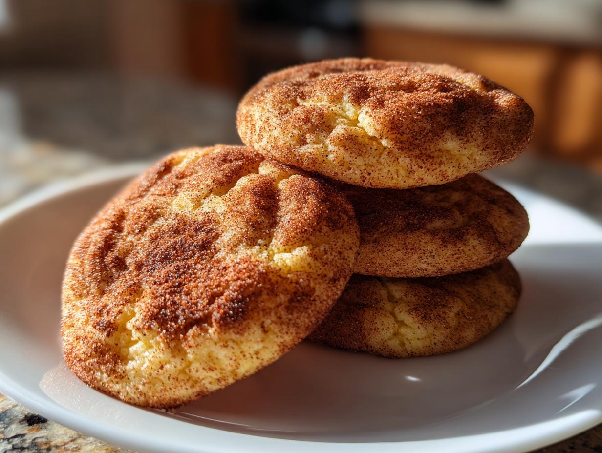 Close-up of a stack of classic cinnamon sugar snickerdoodle cookies on a white plate