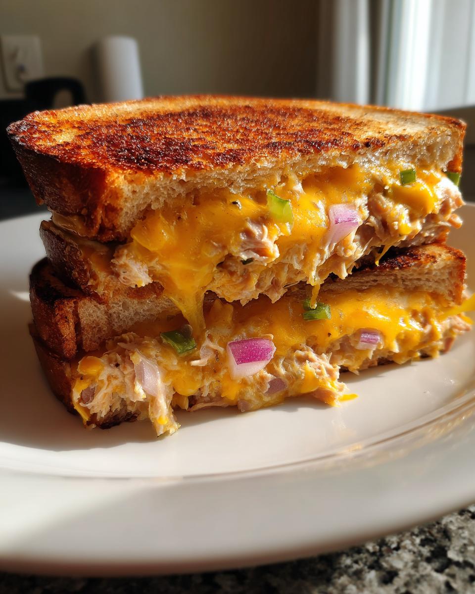 Close-up of a tuna melt sandwich with melted cheddar cheese and diced onions.