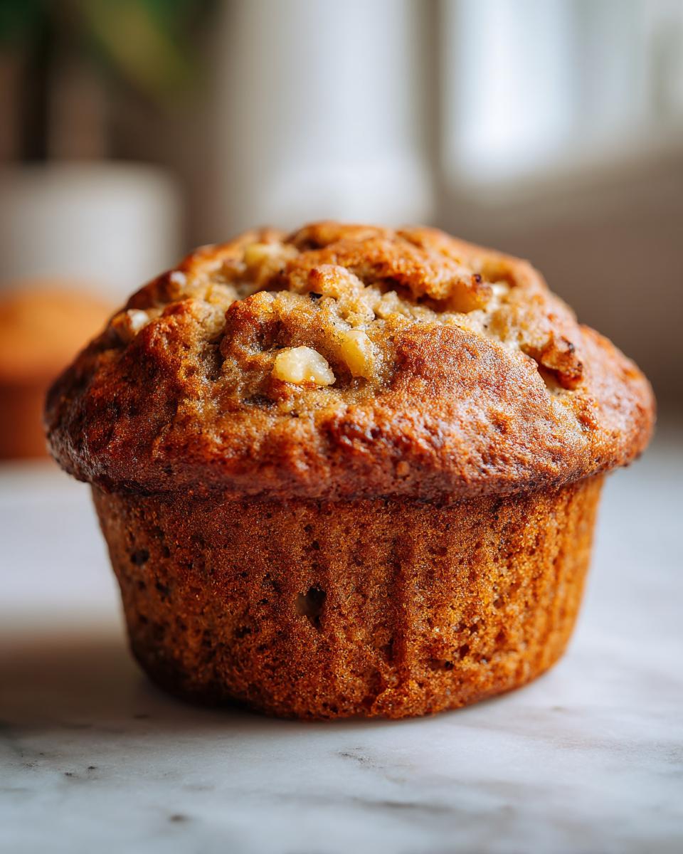 Close-up of a golden brown banana nut muffin with visible chopped nuts on top.