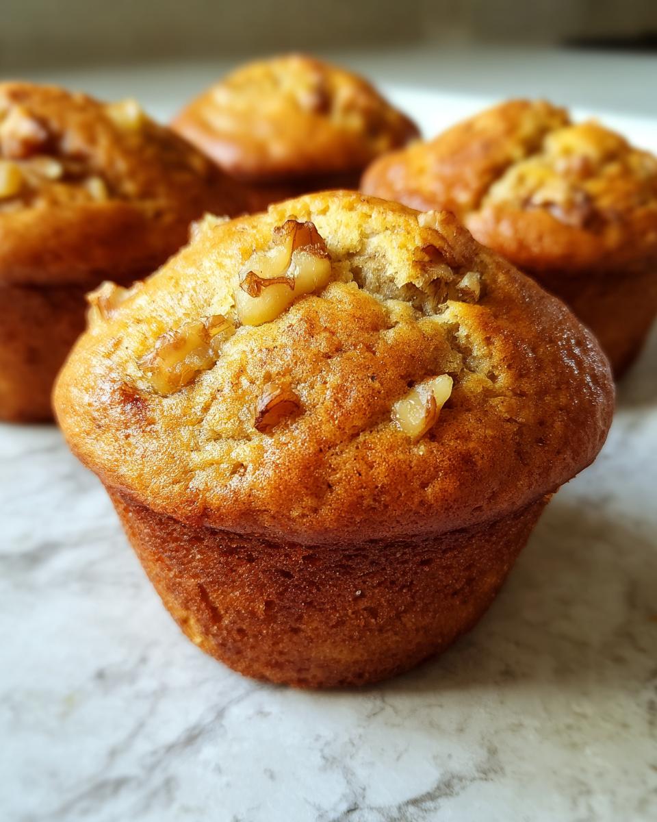 Close-up view of freshly baked banana nut muffins topped with walnut pieces.