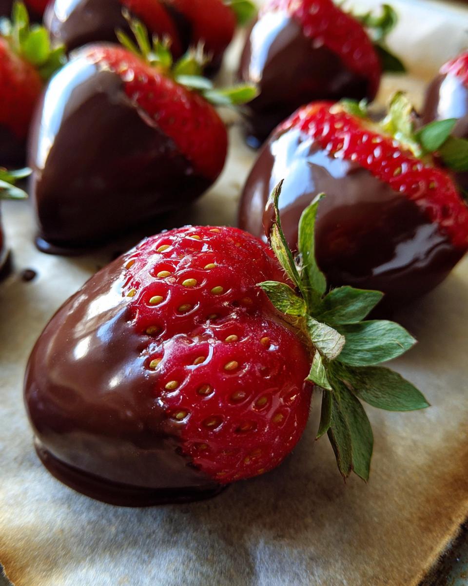 Juicy strawberries freshly dipped in smooth chocolate resting on parchment paper