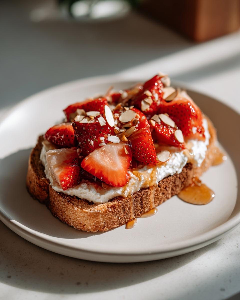 Toast topped with cottage cheese, fresh strawberries, almond slices, and honey drizzle.