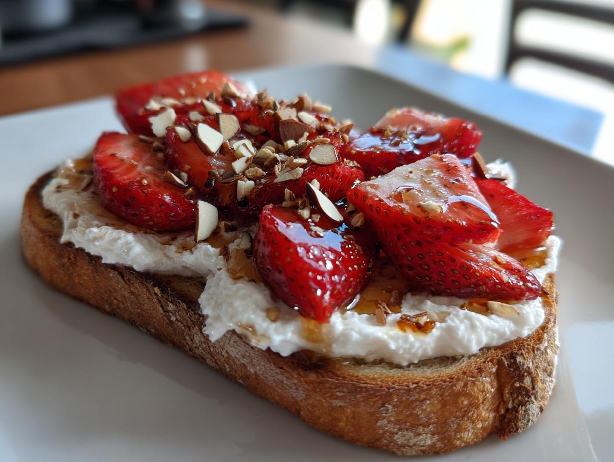 Toast topped with cottage cheese, sliced strawberries, chopped almonds, and honey drizzle.
