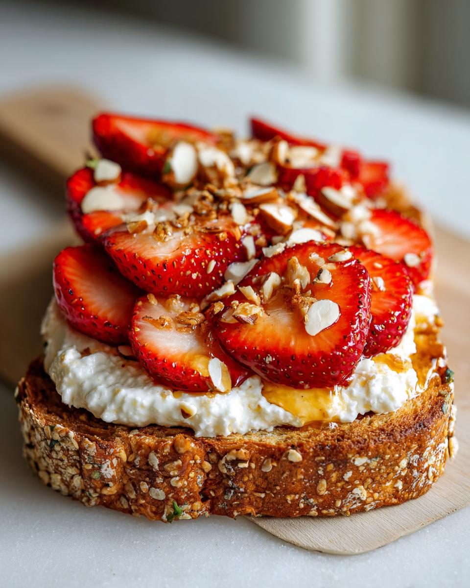 Cottage cheese breakfast toast topped with fresh sliced strawberries and chopped nuts on seeded bread