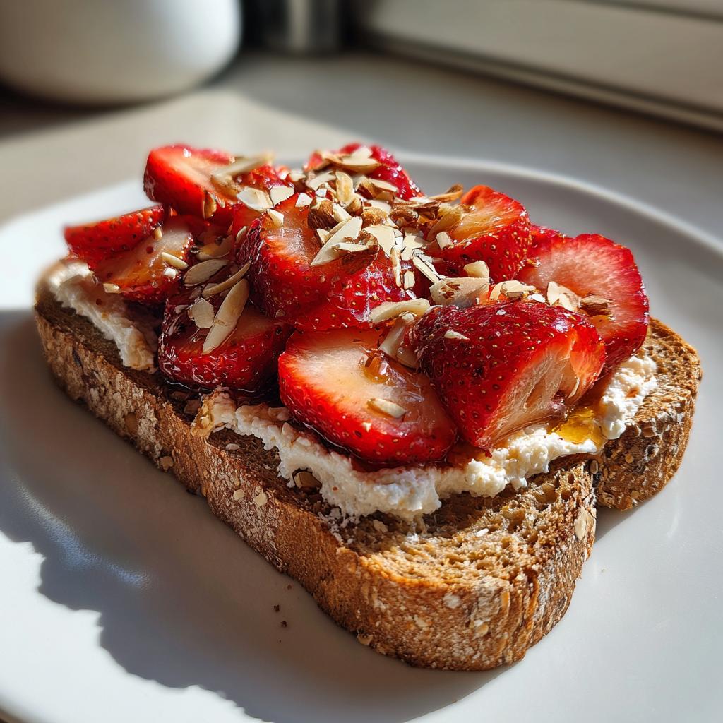 Whole grain toast topped with cottage cheese, sliced strawberries, and almond slivers.