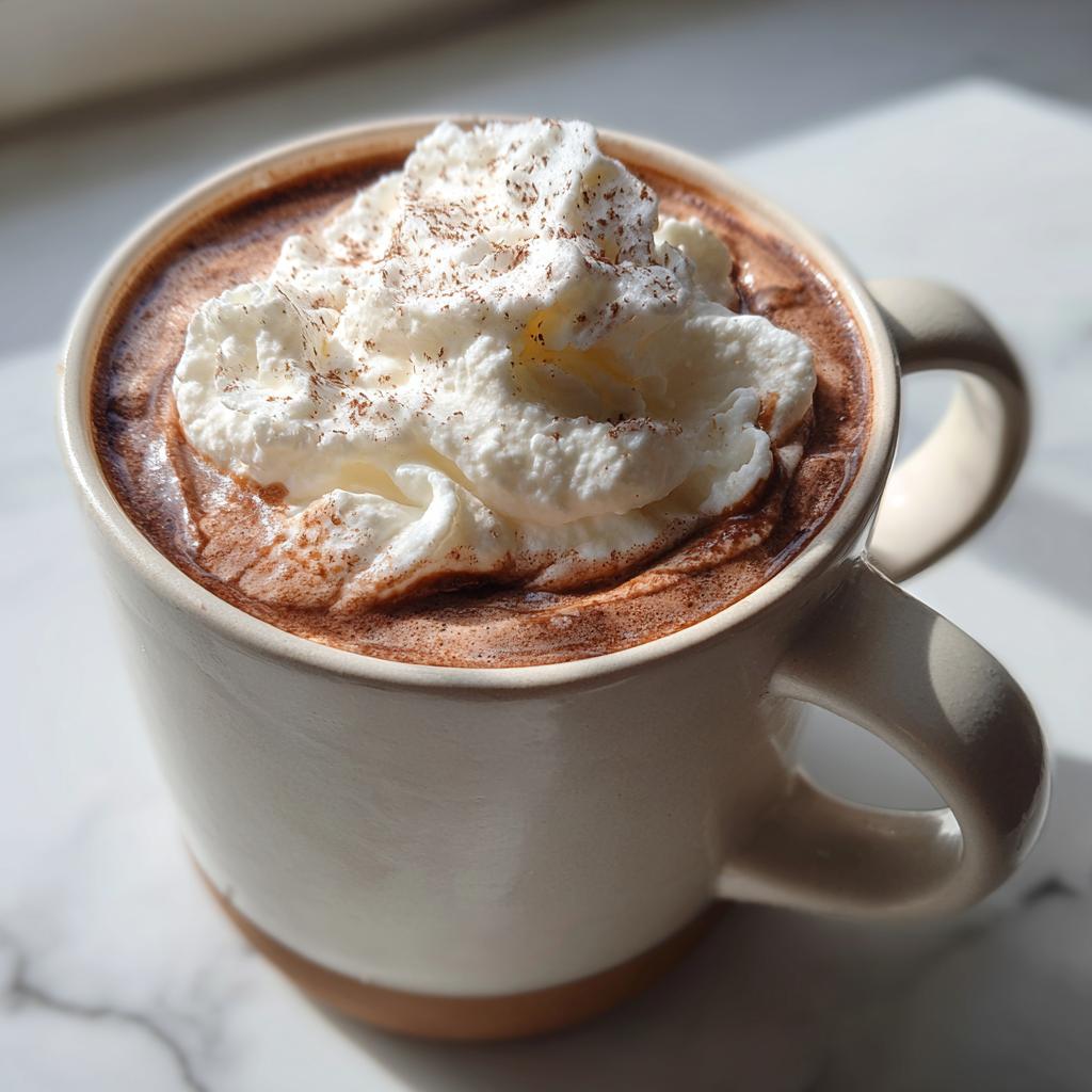 Close-up of cozy hot chocolate with whipped cream topping in a beige ceramic mug with chocolate sprinkles