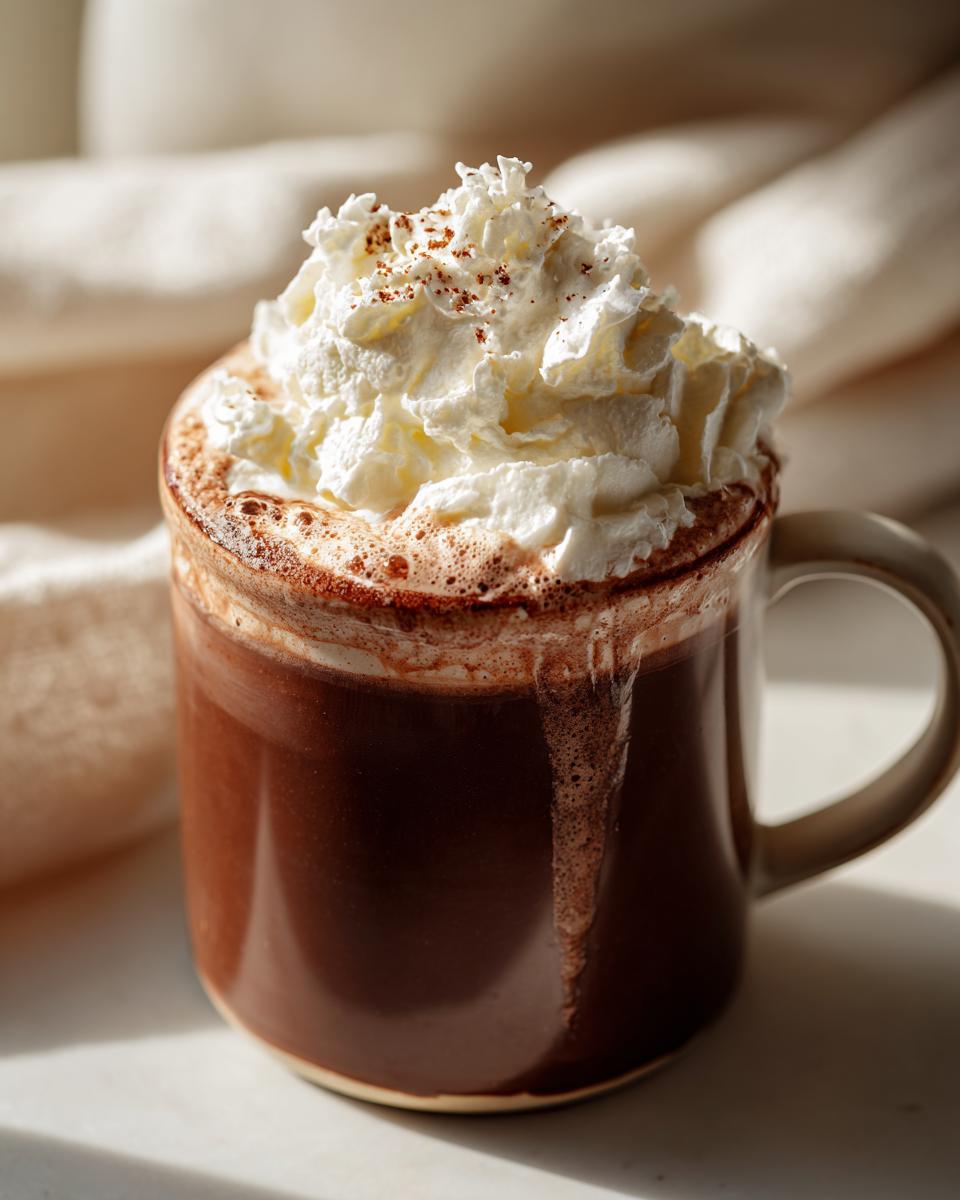 Close-up of cozy hot chocolate with whipped cream topping in a clear glass mug.