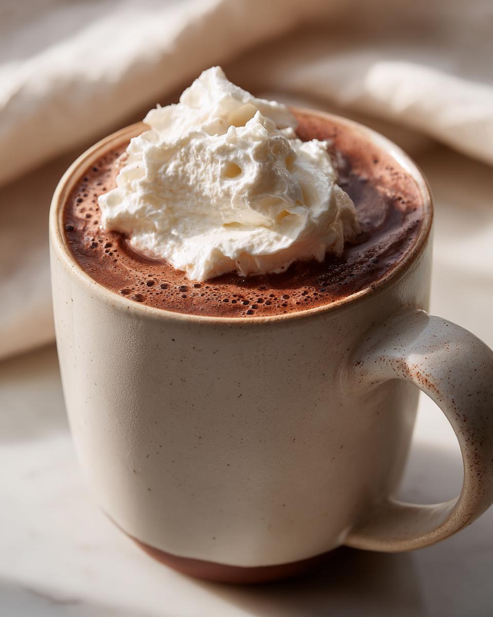 Close-up of cozy hot chocolate with whipped cream topping in a ceramic mug.