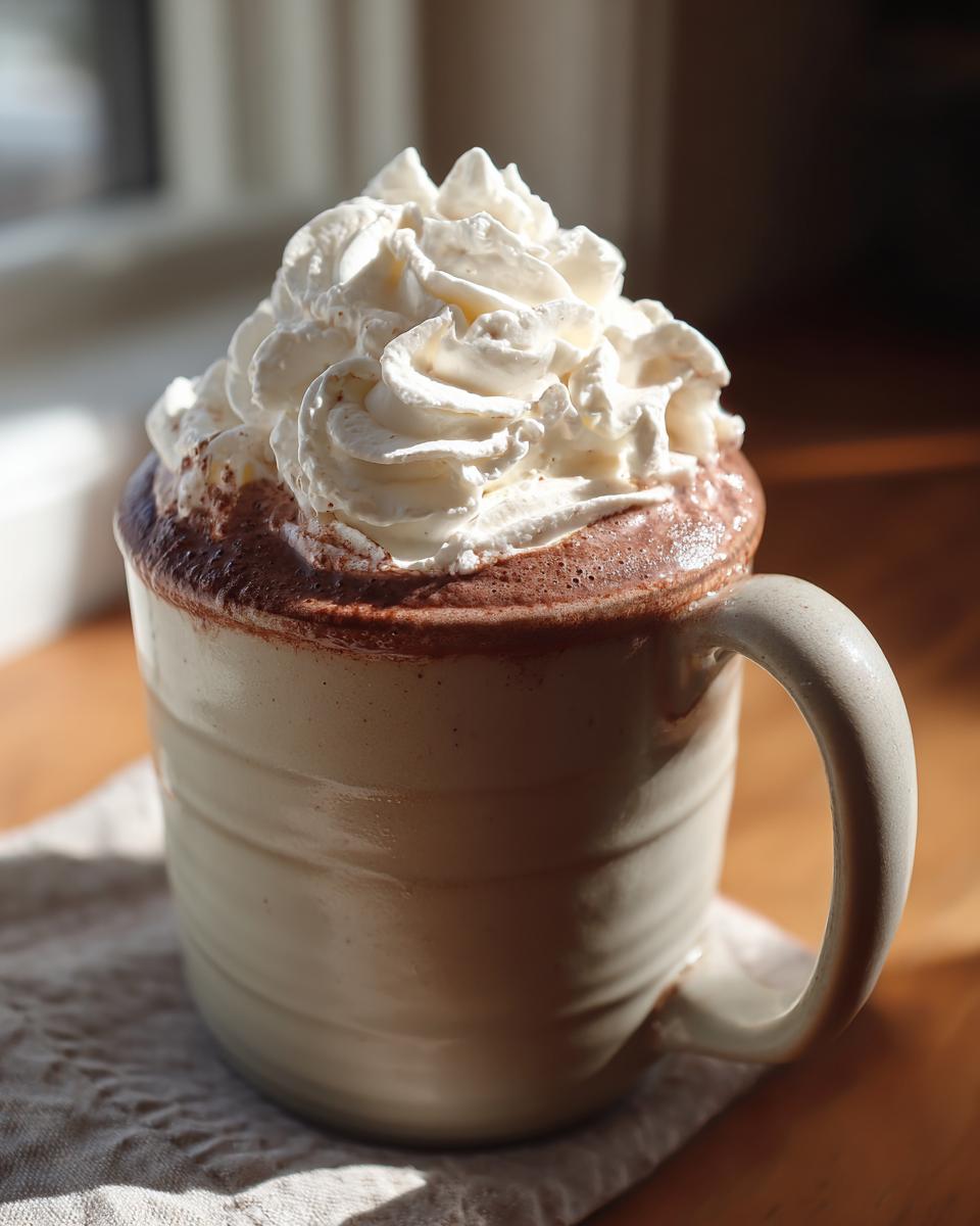 Creamy cozy hot chocolate with whipped cream topping in a beige ceramic mug on a cloth napkin
