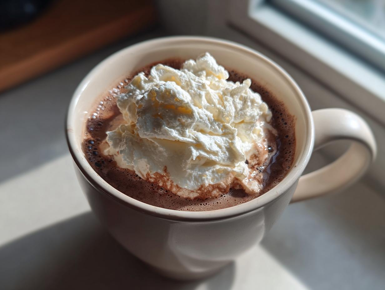 Close-up of cozy hot chocolate with whipped cream topping in a white mug near a window.