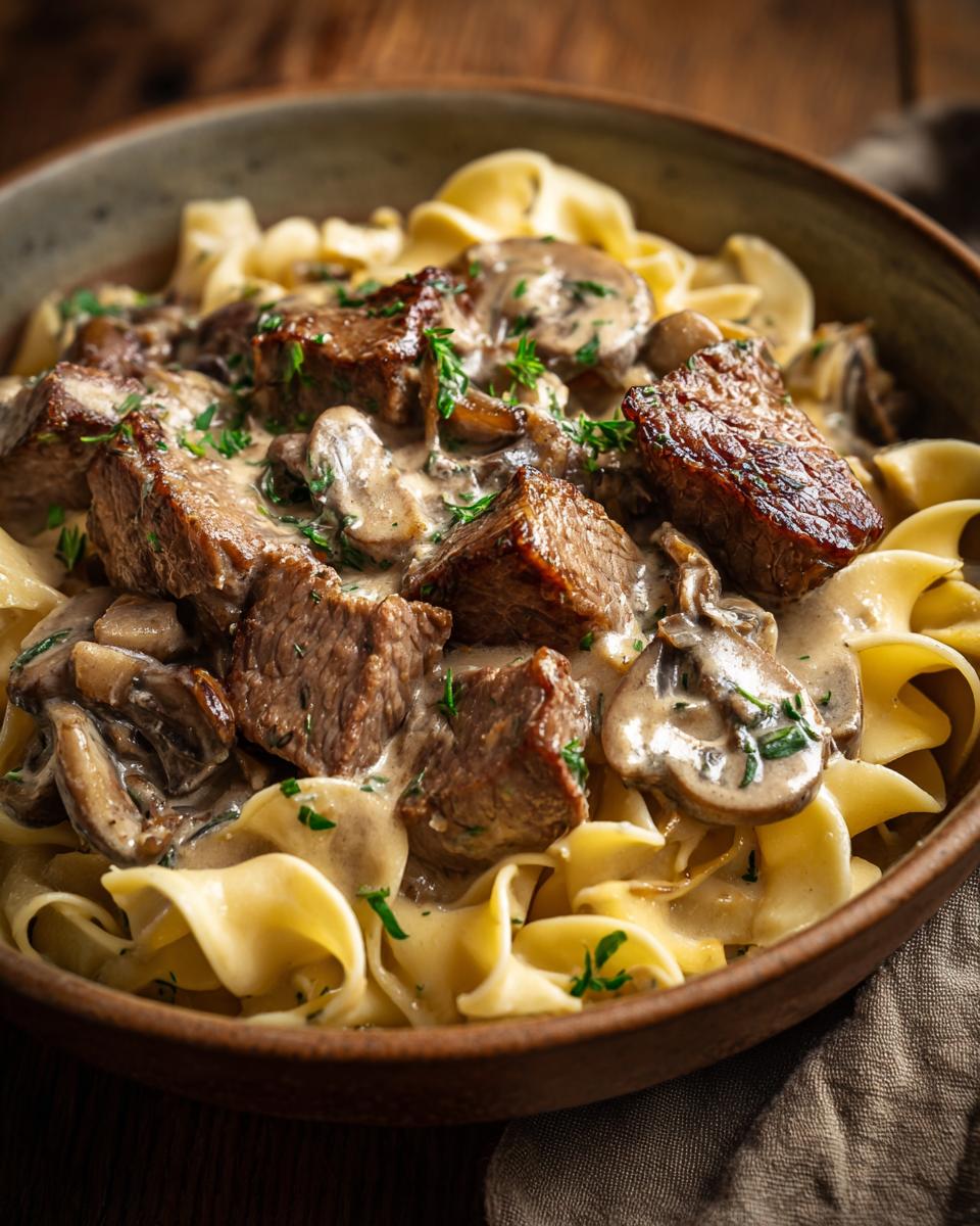 Close-up of beef stroganoff with seared beef, creamy mushroom sauce, and egg noodles garnished with herbs