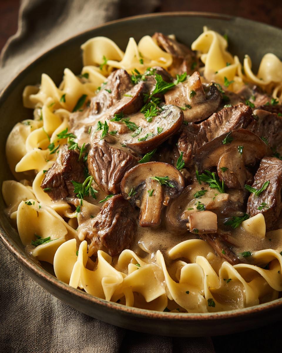 Beef stroganoff with tender beef, mushrooms, and egg noodles garnished with parsley in a bowl.