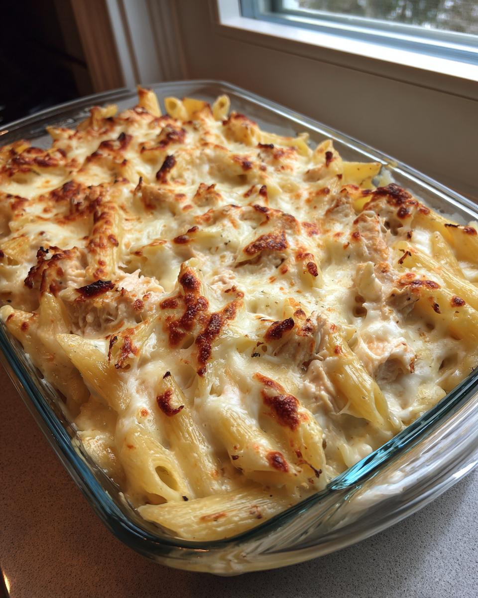 Baked chicken alfredo pasta bake with golden cheese crust in a glass casserole dish