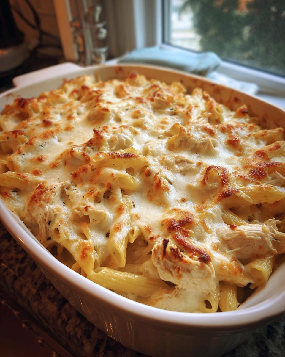 Baked chicken alfredo pasta bake with golden melted cheese in a white casserole dish.