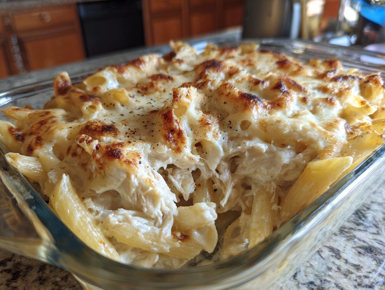 Close-up of creamy chicken alfredo pasta bake with browned cheese topping in a glass baking dish