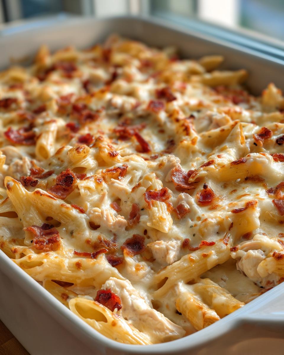 Close-up of creamy chicken bacon ranch pasta bake in a white casserole dish.