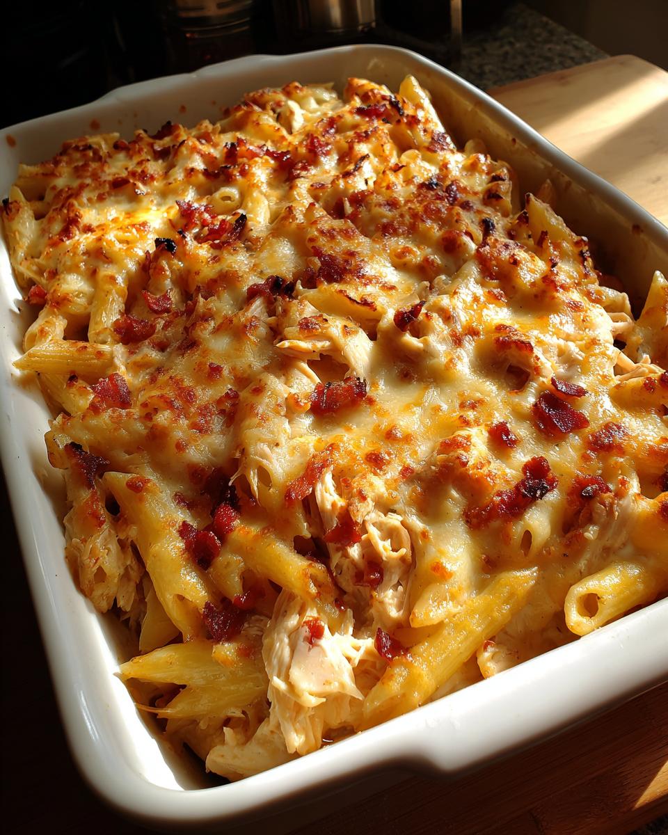 Close-up of creamy chicken bacon ranch pasta bake with melted cheese and crispy bacon bits.