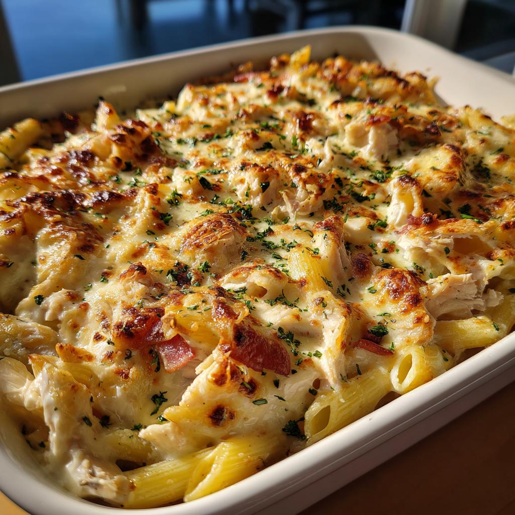 Baked creamy chicken bacon ranch pasta with melted cheese and herbs in a white dish