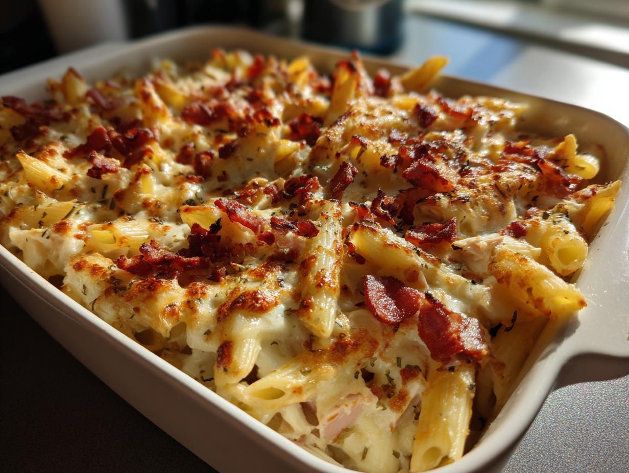 Close-up of creamy chicken bacon ranch pasta bake topped with melted cheese and crispy bacon bits in a white dish.