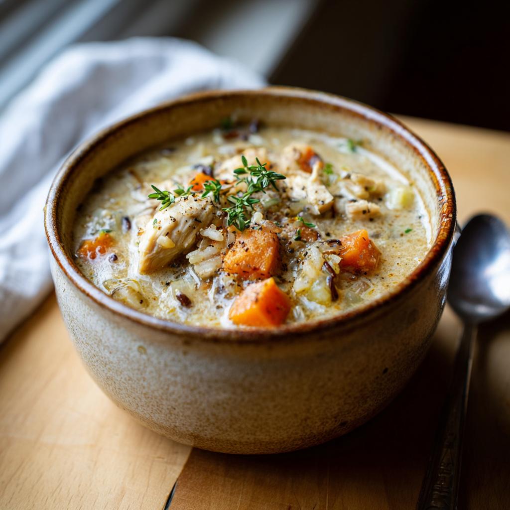 Close-up of creamy chicken wild rice soup with carrots and herbs in a rustic bowl