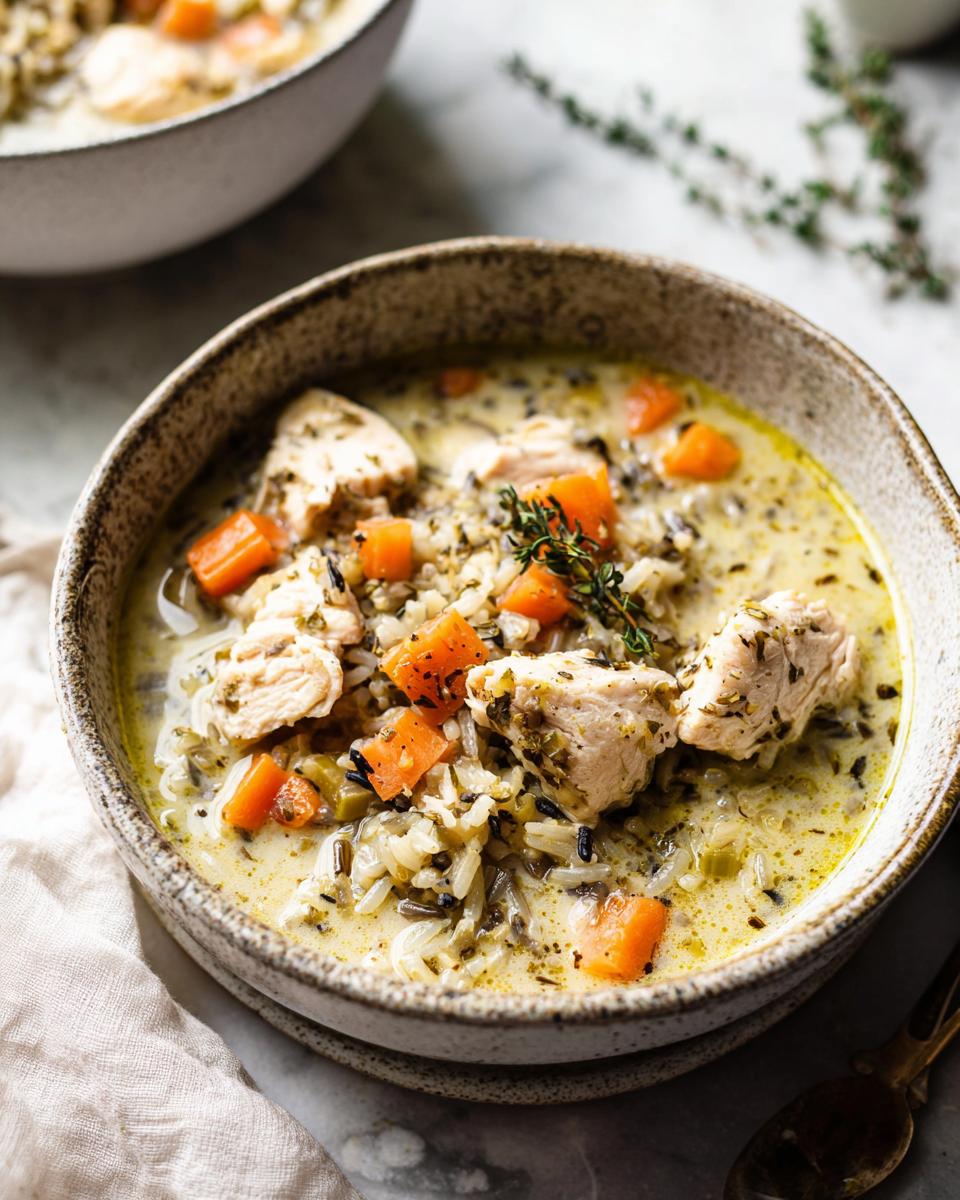Bowl of creamy chicken wild rice soup with chunks of chicken and carrots