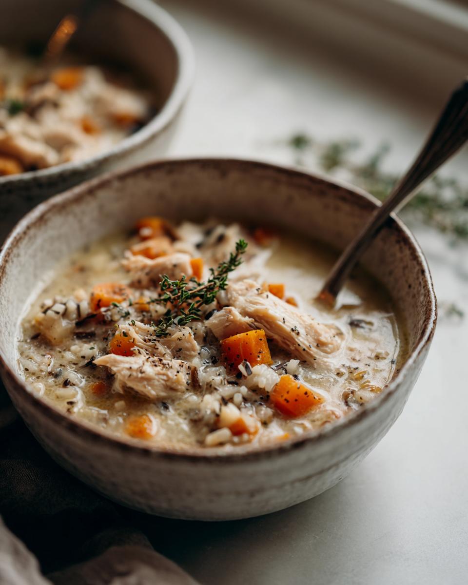 Bowl of creamy chicken wild rice soup with chunks of chicken, carrots, and herbs