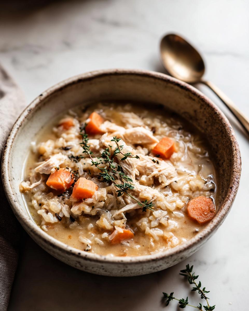 Creamy chicken wild rice soup in a speckled bowl topped with carrots and fresh thyme.