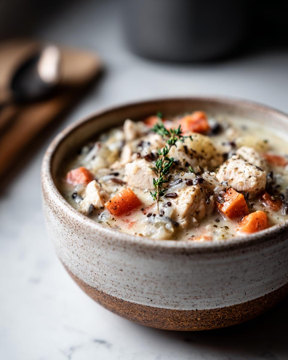 Creamy chicken wild rice soup with carrots and herbs served in a rustic ceramic bowl