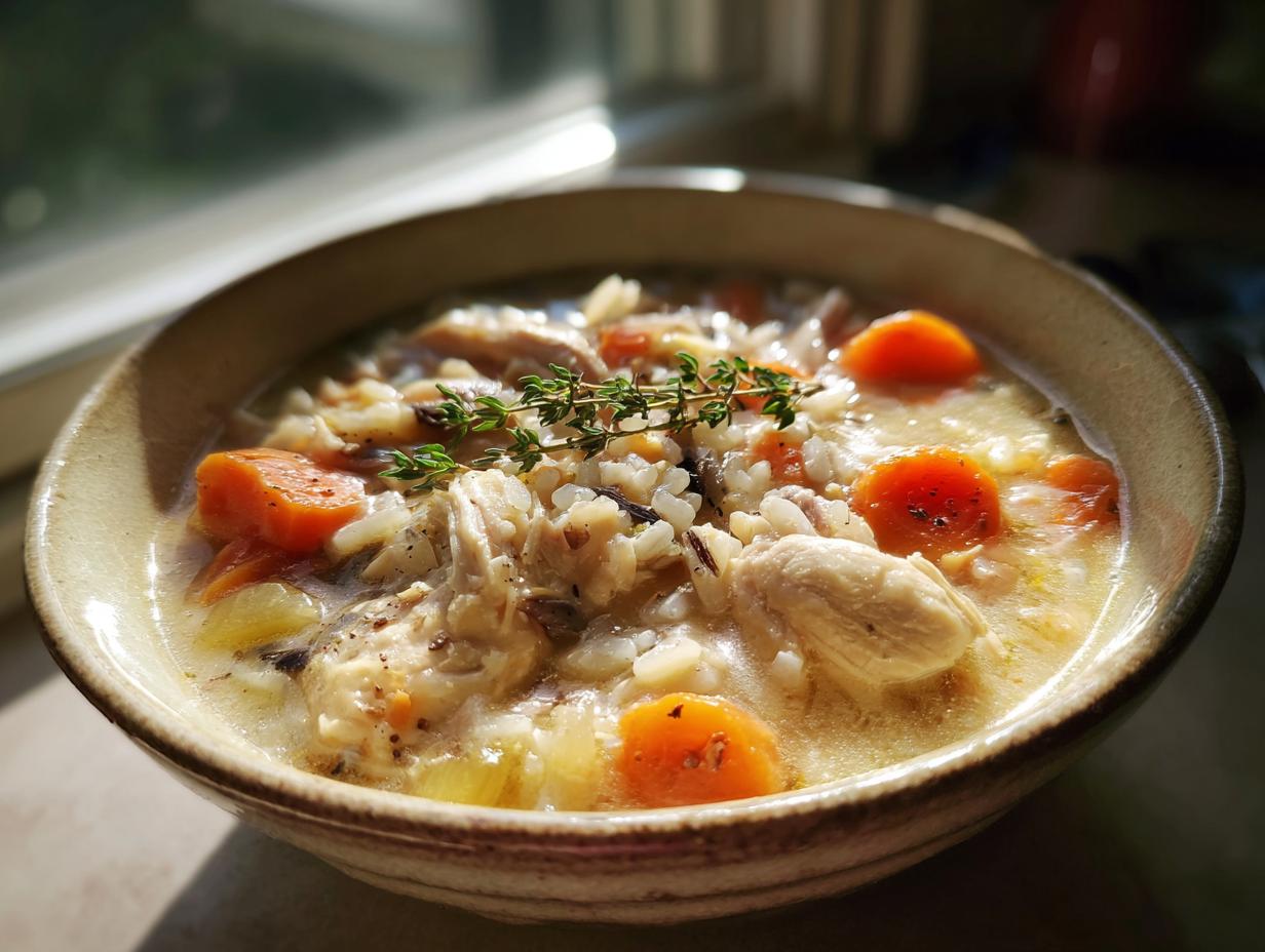 Bowl of creamy chicken wild rice soup with carrots and herbs